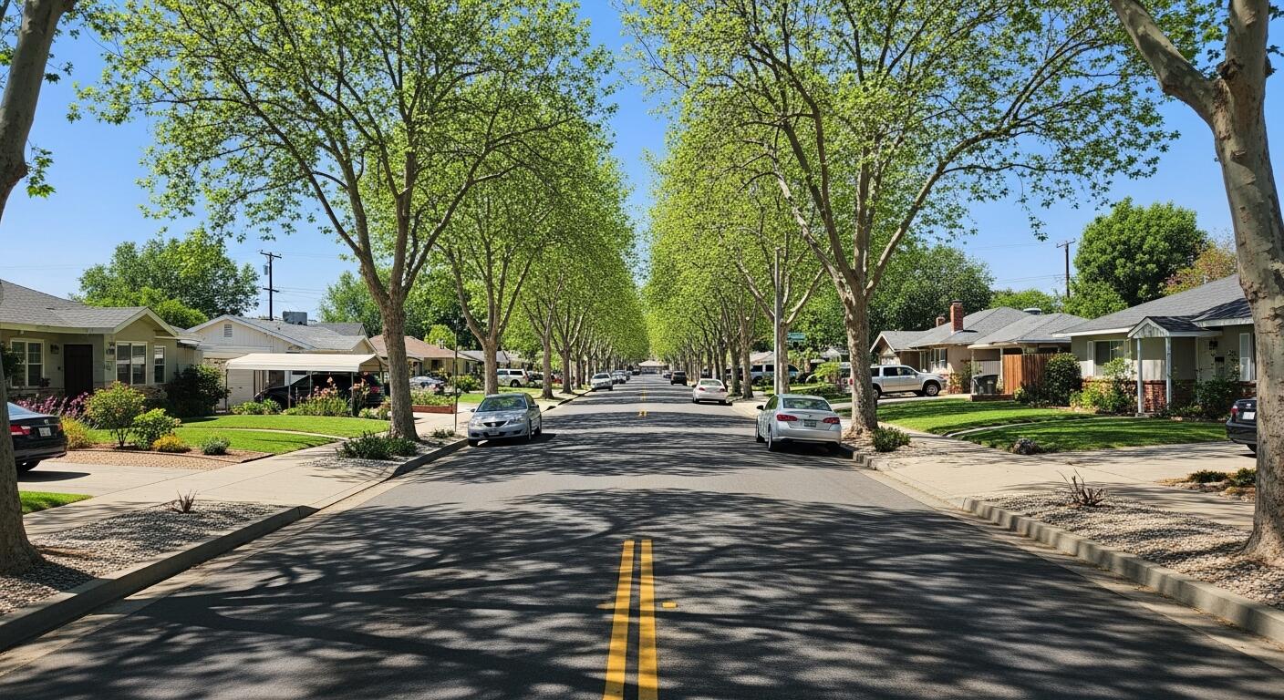 Wiosenne tulipany w botanicznej alei Kolorowe rabaty z tulipanami i narcyzami wzdłuż brukowanej alei botanicznej osiedla