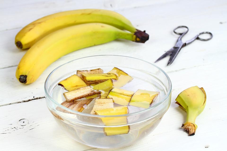 przygotowanie gleby do nawożenia doniczka z ziemią i świeżymi skórkami banana przed zmieszaniem